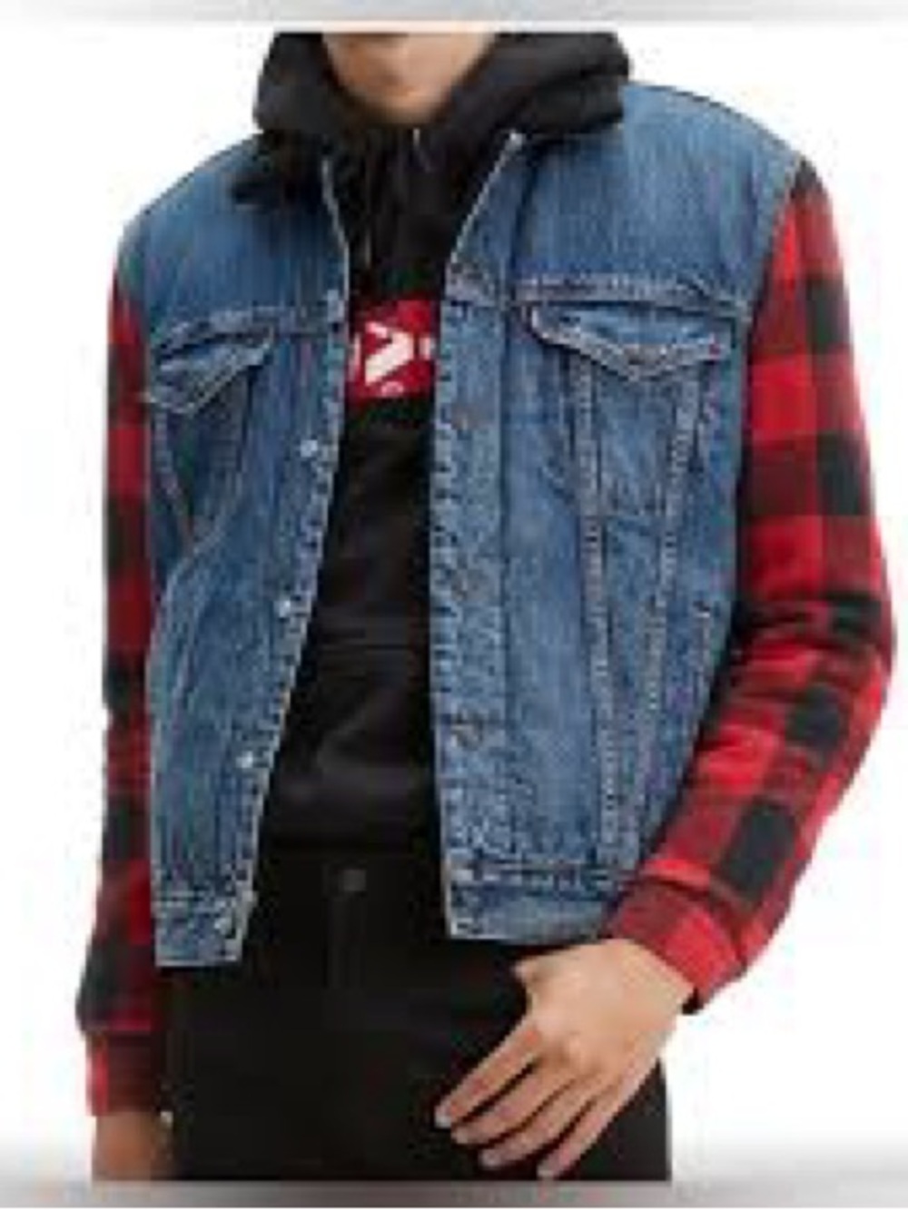 Levi's Faux Fur Lined Blue Denim Vest with Red Plaid Sleeves- XL,XXL